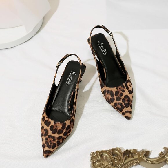 Mostrin Kitten Heels Leopard Faux Leather Low Slingback Heels with Buckle - Picture 5 of 9